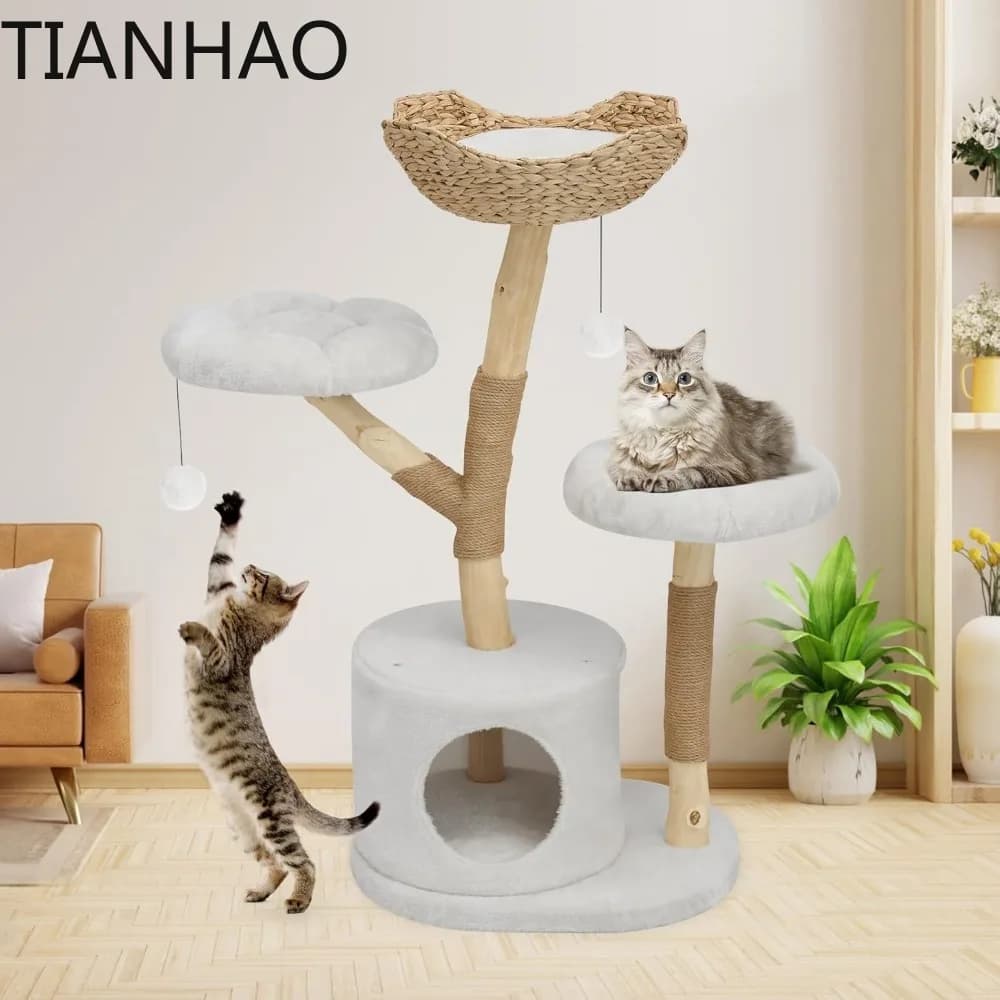 Modern Cat Tree Tower, Solid Wood Multi-Level w/ 2 Flower Perches, Scratching Post, Hanging Ball - Luxury Boho Cat Furniture