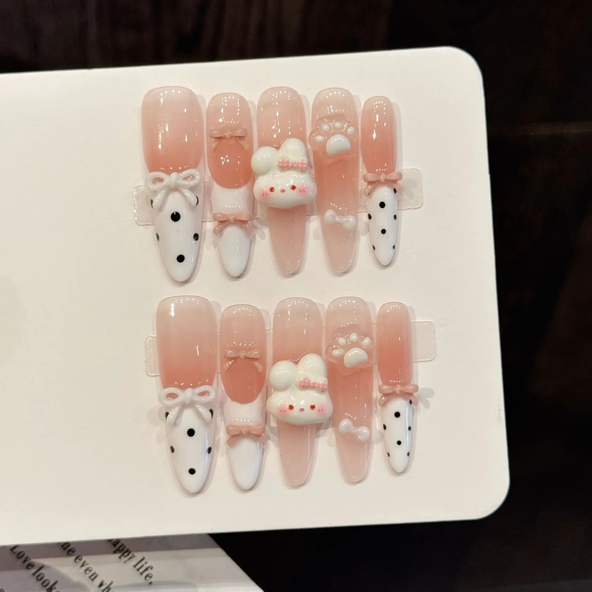 10 pezzi di unghie finte a stiletto pure pressate a mano, bellissime unghie finte, rosa con conigli, zampe di gatto, fiocchi e pois, ideali per le donne