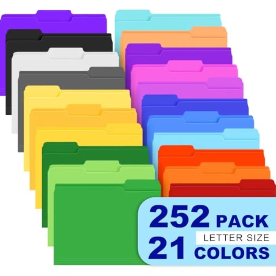 Confezione da 252 Cartelle Colorate, 21 Colori, Formato Lettera, Cartelle Manilla 8.5 x 11 1/3, Cartelle con Linguetta per Archiviazione Ufficio