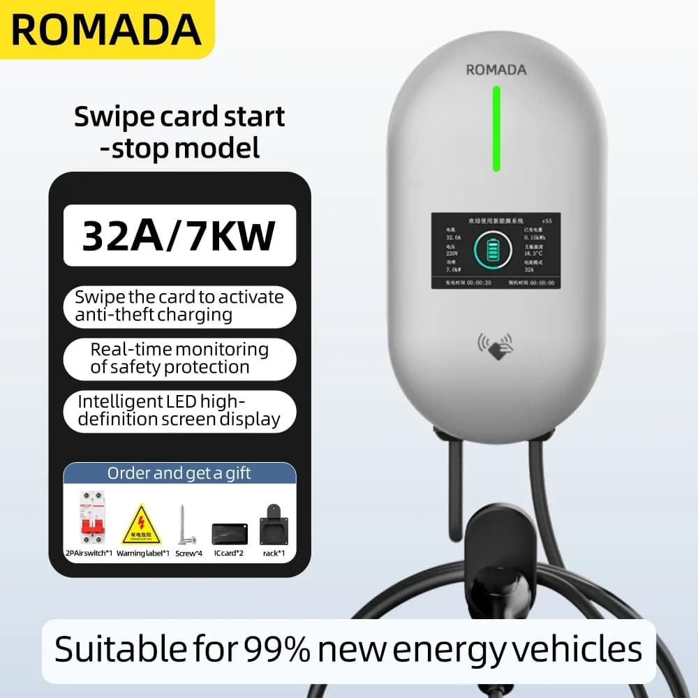 ROMADA EV Stazione di ricarica 32A Caricatore per auto per veicoli elettrici EVSE Wallbox 7KW Tipo2 Cavo IEC62196 Controllo APP Bluetooth