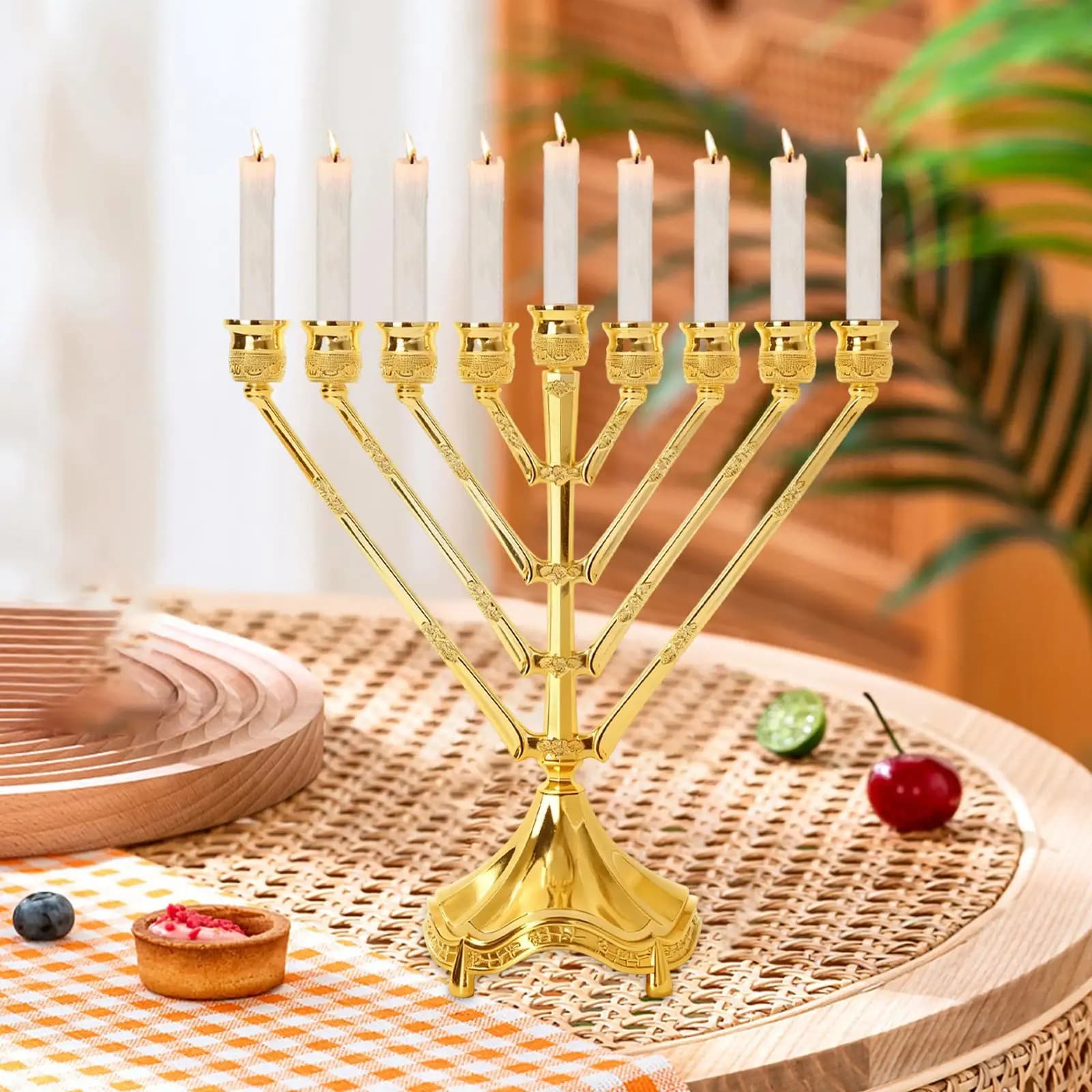 9 Branch Candle Holder Menorah Antique Gold Zinc Alloy Table Centerpiece Ornament for Festival and Home Celebration