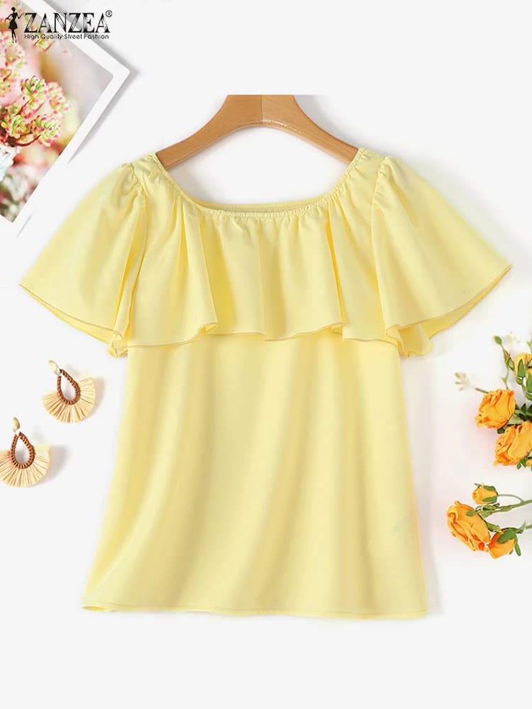ZANZEA 2025 Camicie a maniche corte estive Donna Camicetta con cuciture arricciate Moda Vacanza O-Collo Top Casual Allentato Tinta unita Top