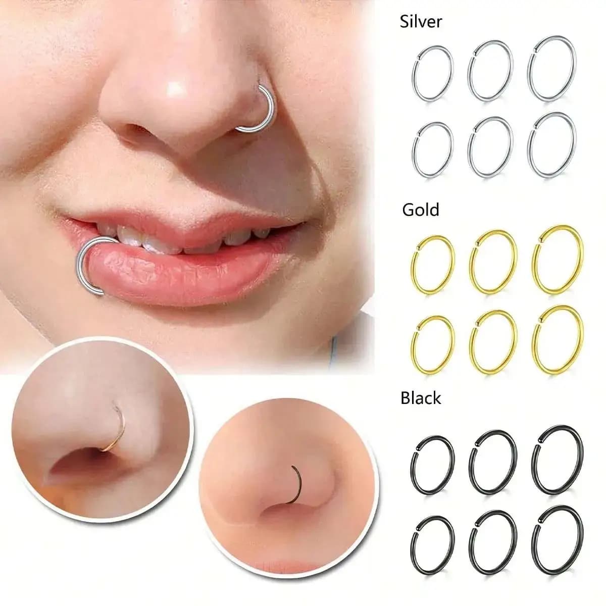 6 Pezzi Anelli per il Naso in Acciaio Chirurgico, Piccoli e Semplici, per Trago, Cartilagine, Helix, Setto Nasale, Sopracciglio, Labbro, Orecchio e Piercing Corporeo