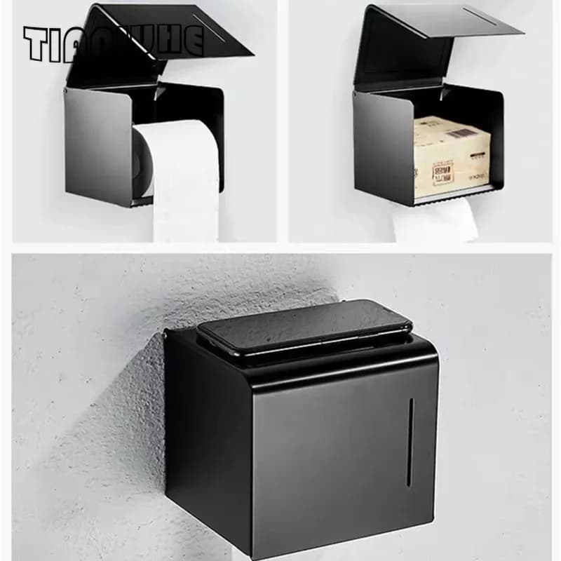 Matte Black Toilet Paper Holder Wall Mount Bathroom Tissue Holder Mobile Phone Rack Paper Towel Holder