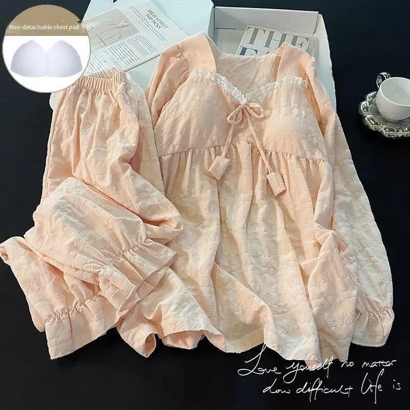Pigiama per ragazza con bordo in pizzo Set da principessa a maniche lunghe larghe con cuscino sul petto Kawaii Dolce abbigliamento per il tempo libero Abiti primaverili autunnali