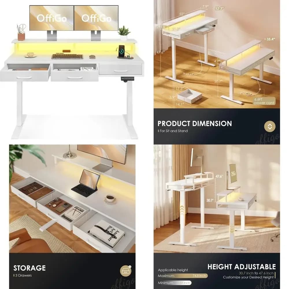 Scrivania elettrica regolabile in altezza con cassetti, scrivania da 55" con prese di corrente e luci a LED, scrivania Sit-Stand con supporto per monitor
