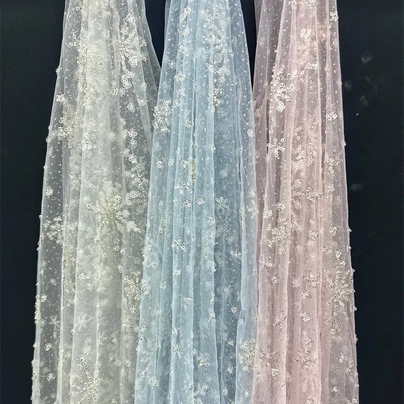 2Yds 130cm Wide Chiffon Fabric Powdered Bead Embroidery Sequins Lace Mesh Material for Dresses Kids' Wear and Wedding Gowns F048