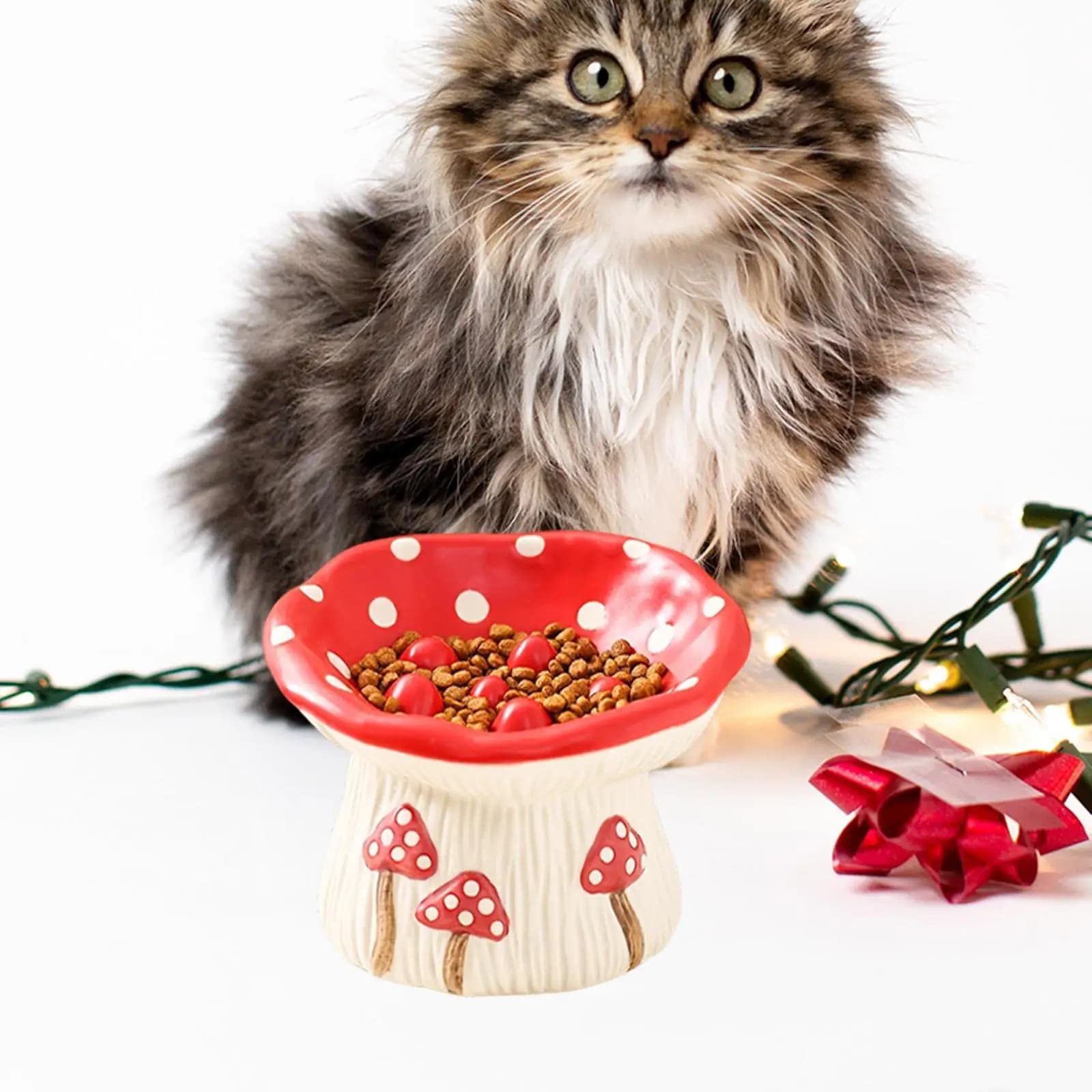Creative Ceramic Cat Bowl Mushroom Shaped Elevated Cat Feeder Tilted Food Dish Non Slip for Small Pets