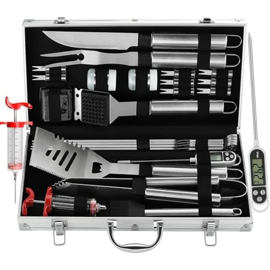 Set di 24 Utensili per Barbecue con Termometro per Carne e Iniettore - Forchetta, Spatola e Pinze in Acciaio Inox Extra Spesso - Set Completo per BBQ
