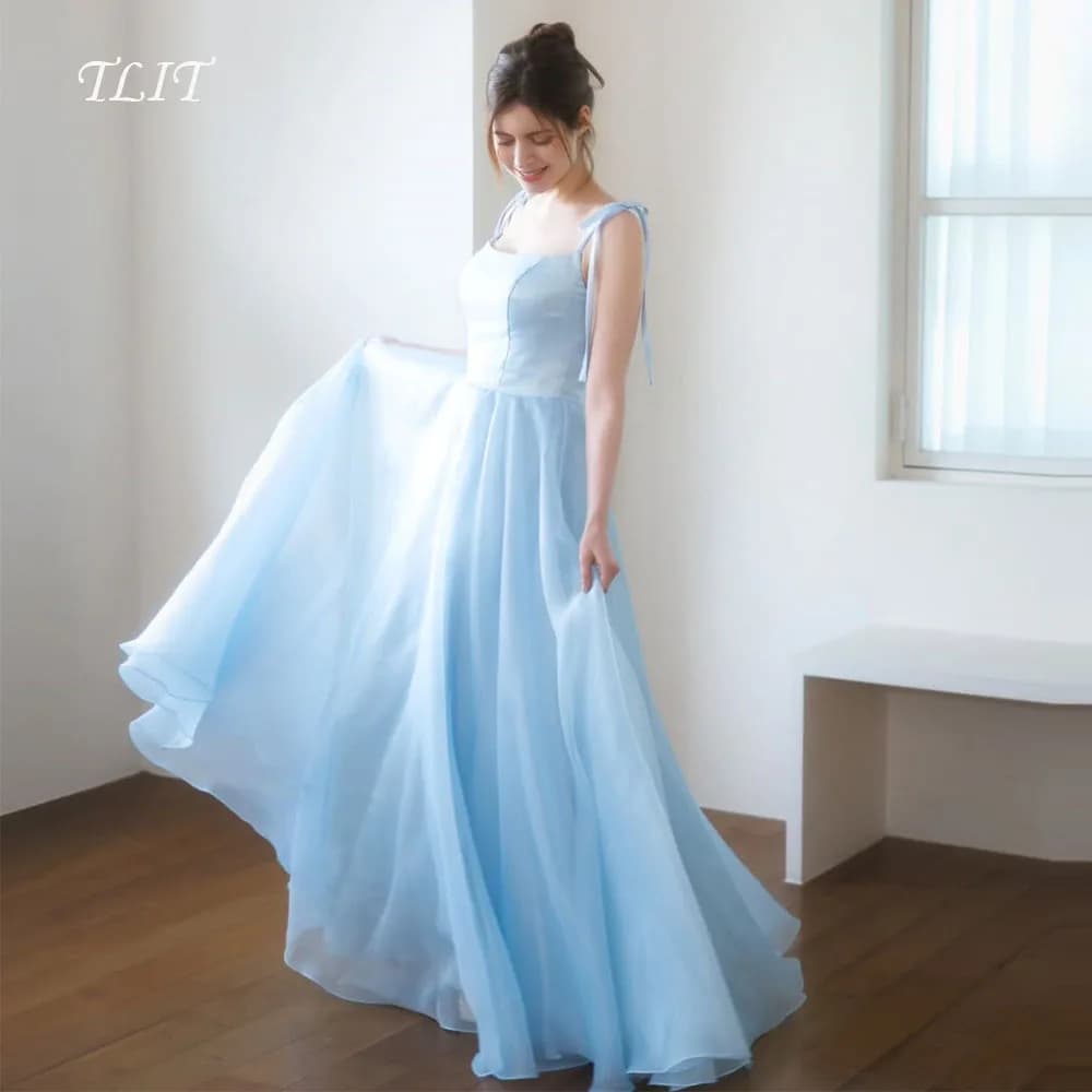 Abiti da sera in organza blu chiaro TLIT, abiti da sposa coreani personalizzati, abiti da ballo a trapezio con fiocco e spalline sottili per servizio fotografico