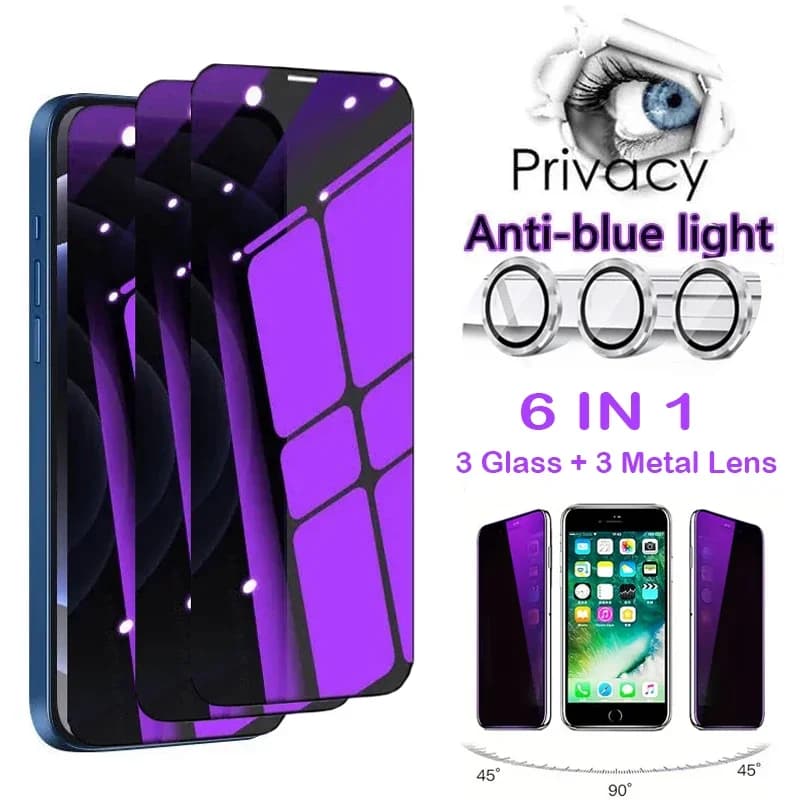 [3 Vetri Anti-Spia + 3 Copriobiettivo] Protezione Schermo Privacy Purple Ray per iPhone 16 15 14 Plus 13 12 Mini 11 Pro Max Pellicola Temperata