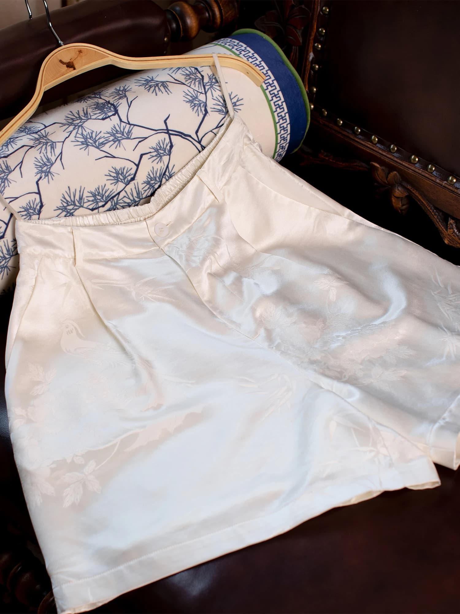 Silk Embroidered Satin High Waist Pure Color Shorts Chinese Style Summer Fashion Ladies Casual Pants Straight Leg Loose Fit