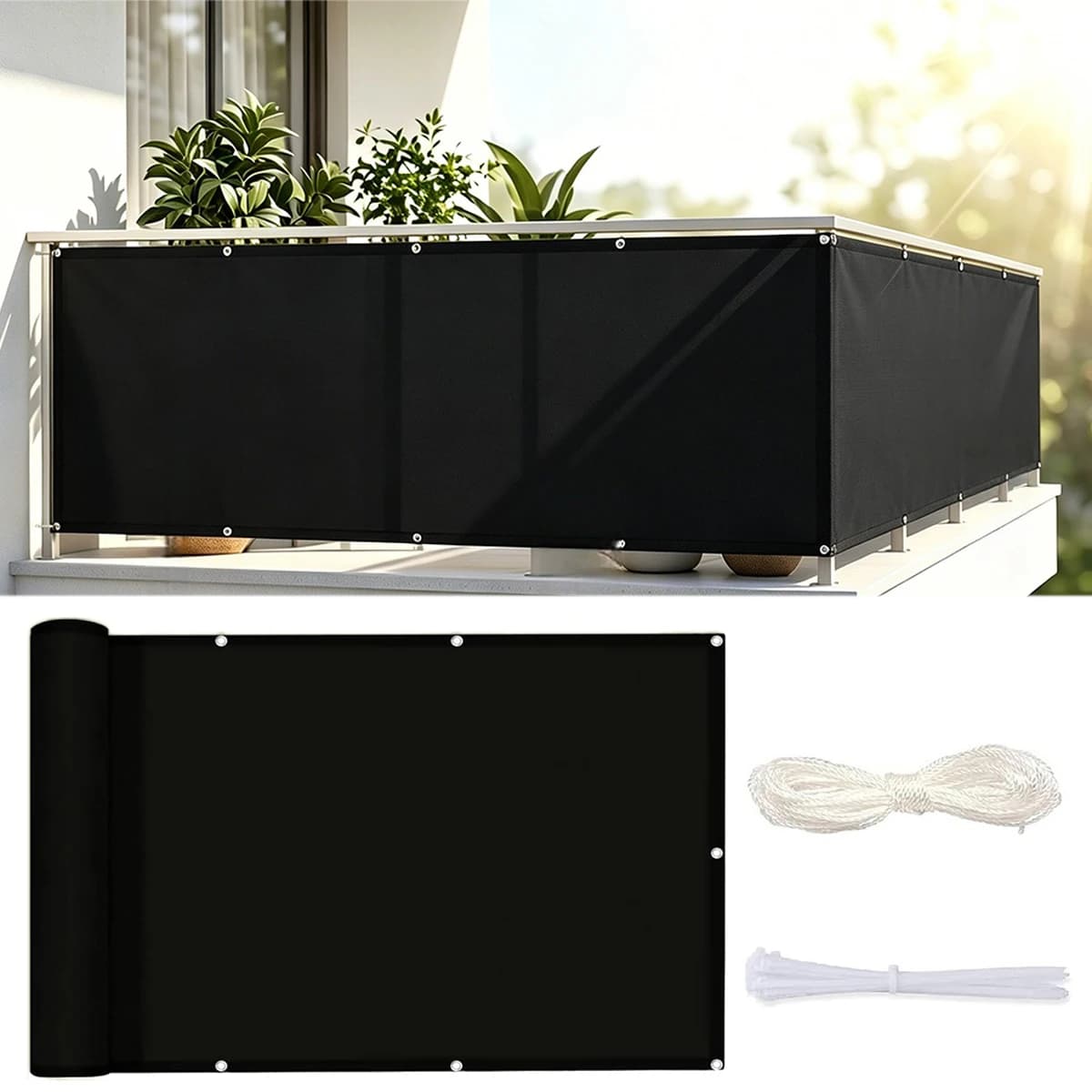 Opaque Privacy Fence, Waterproof Balcony Privacy Screen Protector - For Apartment Railings, Outdoor Patios, UV Protection (Black