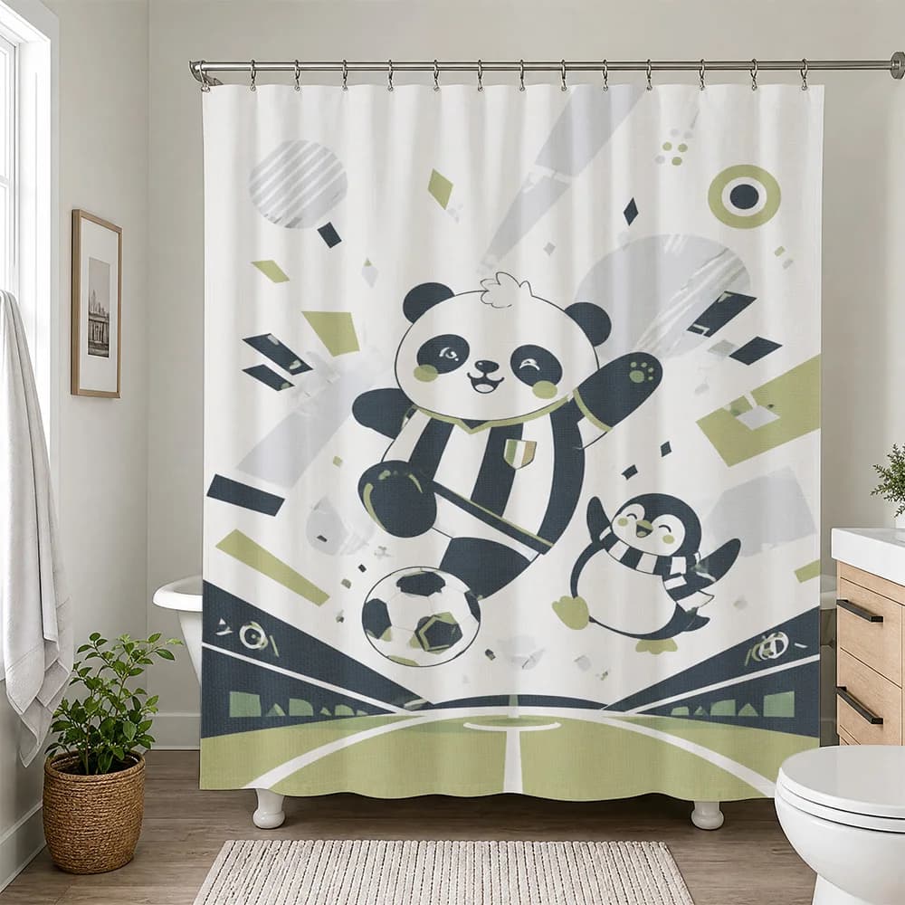 Cute Panda Soccer Shower Curtain Bathroom Decor Fun Sports Theme Kids Shower Curtain Waterproof