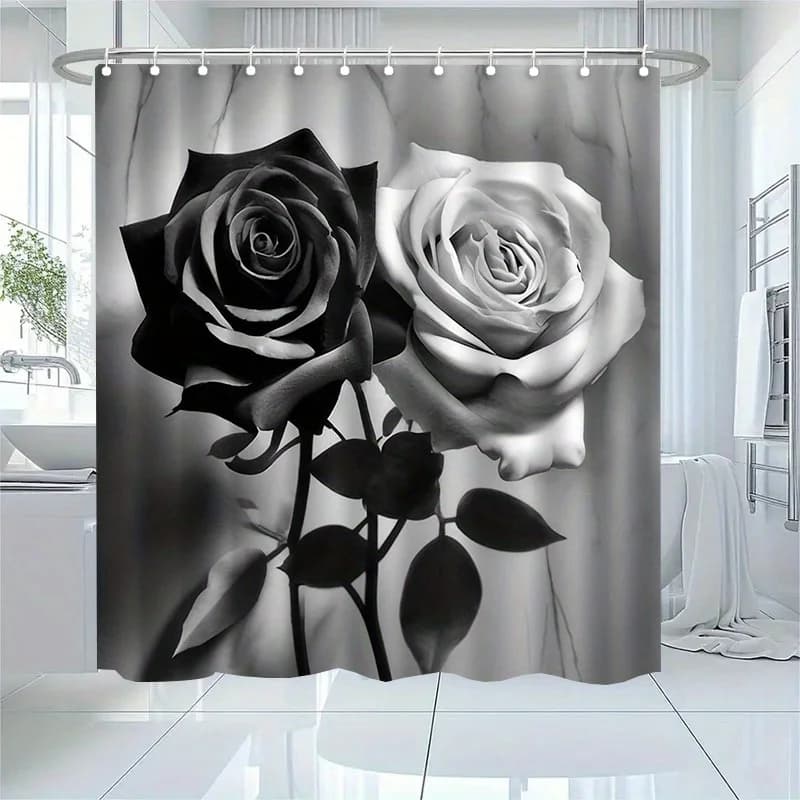 1 tenda da doccia con motivo rosa bianco e nero, tessuto in poliestere, lavabile in lavatrice, con ganci, adatta per l'arredamento del bagno.