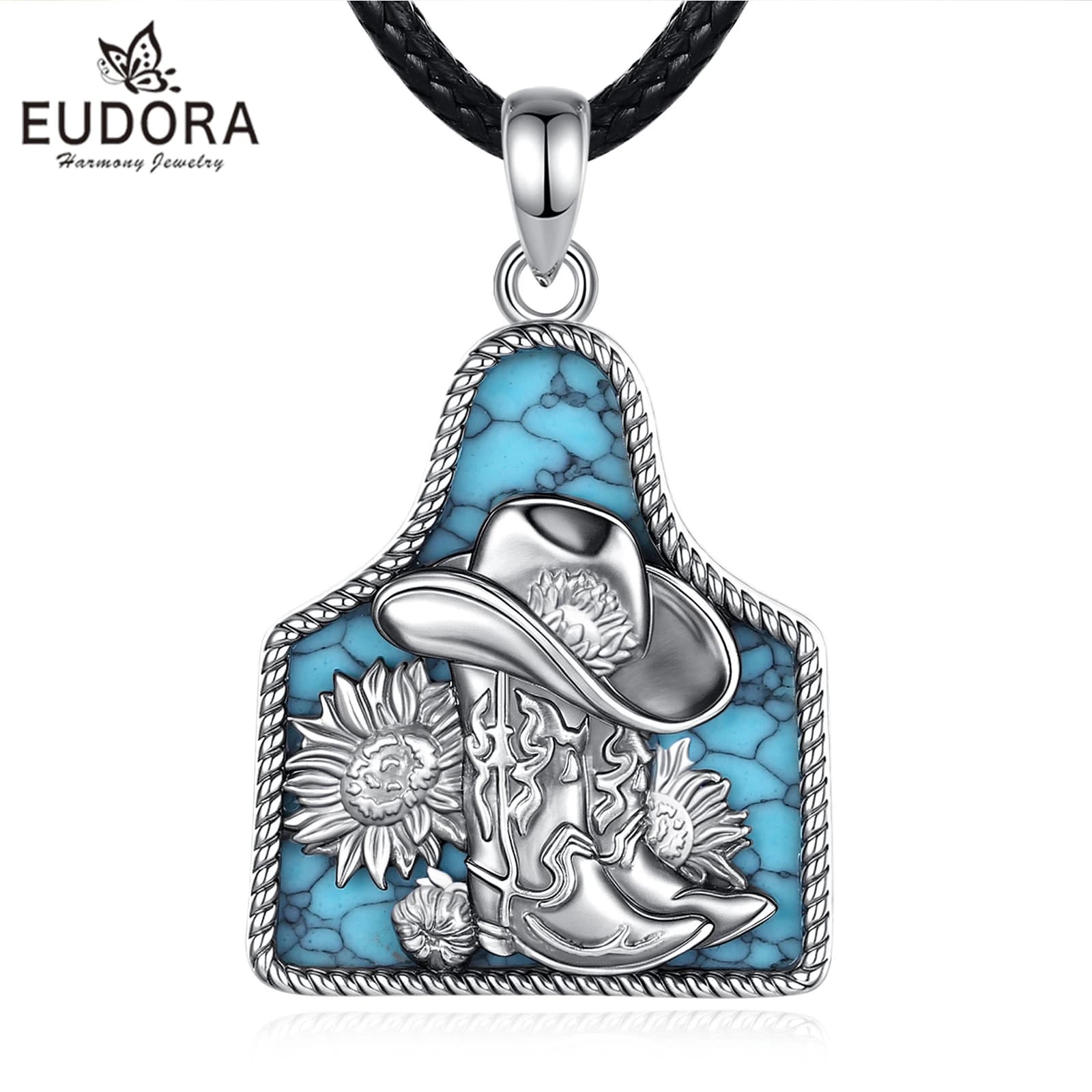 Eudora Turquoise Western Cowboy Boots Necklace Sunflower Western Hat Pendant Country Cowgirl Jewelry Gift for Women Men