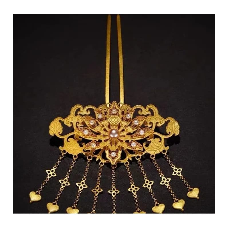 Rame Puro Placcato Oro Vero, Fiore d'Oro Intarsiato con Perle e Motivo a Loto, Copertura per Semi Annodati, Aste, Tenda Dorata, Frange