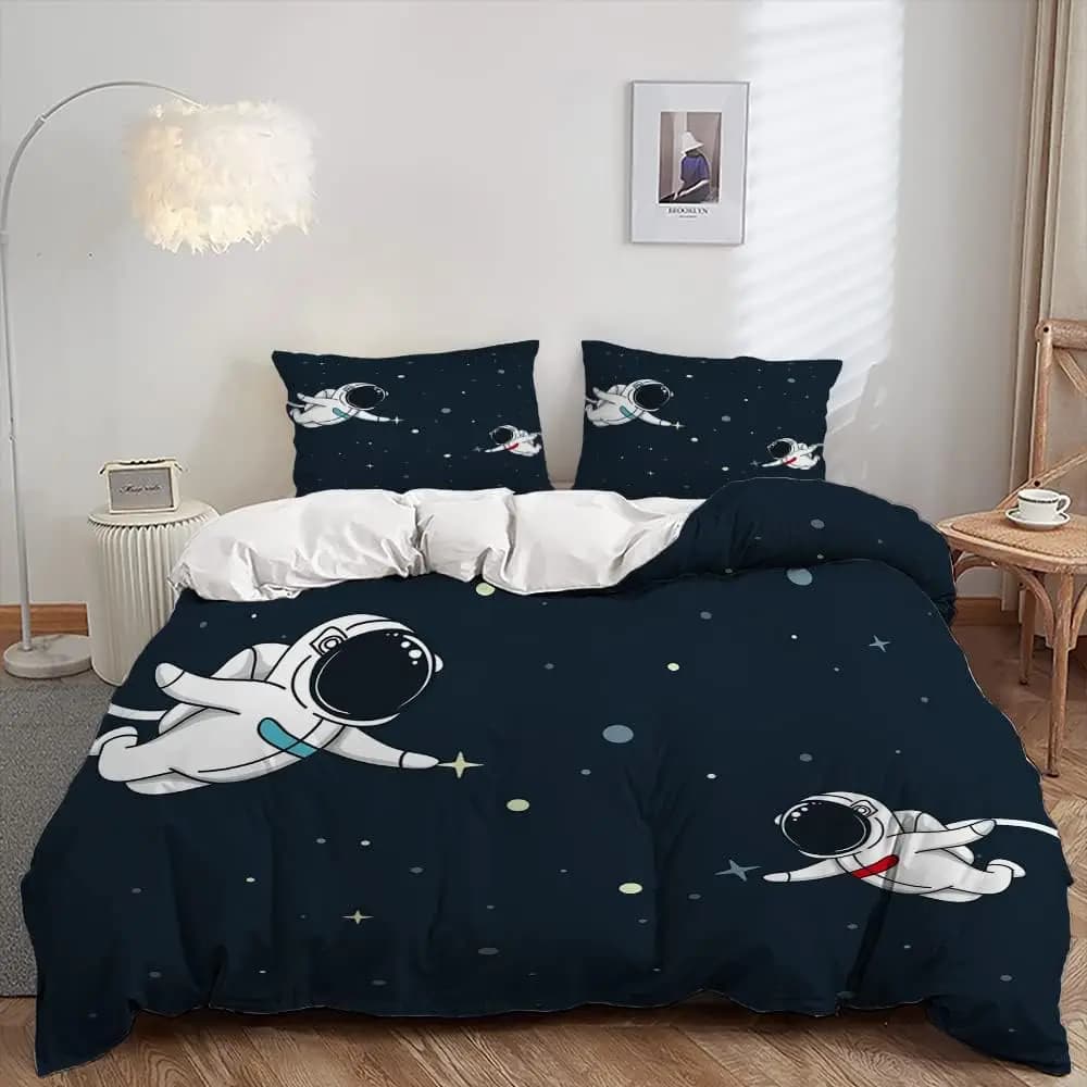 Set copripiumino per astronauta per bambini, biancheria da letto a tema spaziale con copripiumino con stampa di pianeti e stelle a razzo per ragazzi