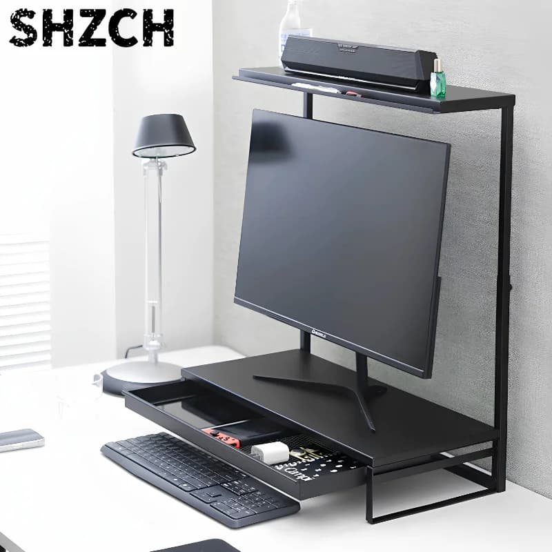 Dual Layer Monitor Riser Stand Desktop Screen Elevator Holder with Drawer Storage Shelf for Office Laptop Workspace Accessories
