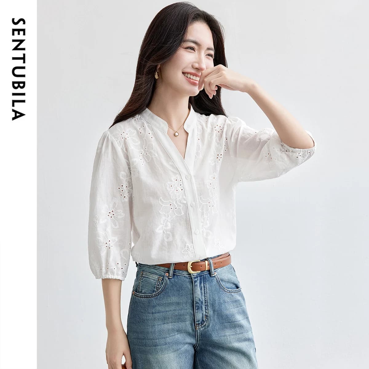 SENTUBILA Women's White Commuter Blouse Summer 2026 V-neck Elastic Seven-quarter Sleeve Loose Hollow Embroidered Shirt 162CM6249