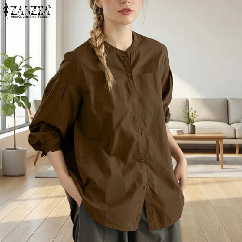ZANZEA Camicie da ufficio a maniche lunghe casual alla moda con scollo a O Camicia autunnale da donna Top con bottoni solidi primaverili Camicetta da lavoro OL elegante femminile