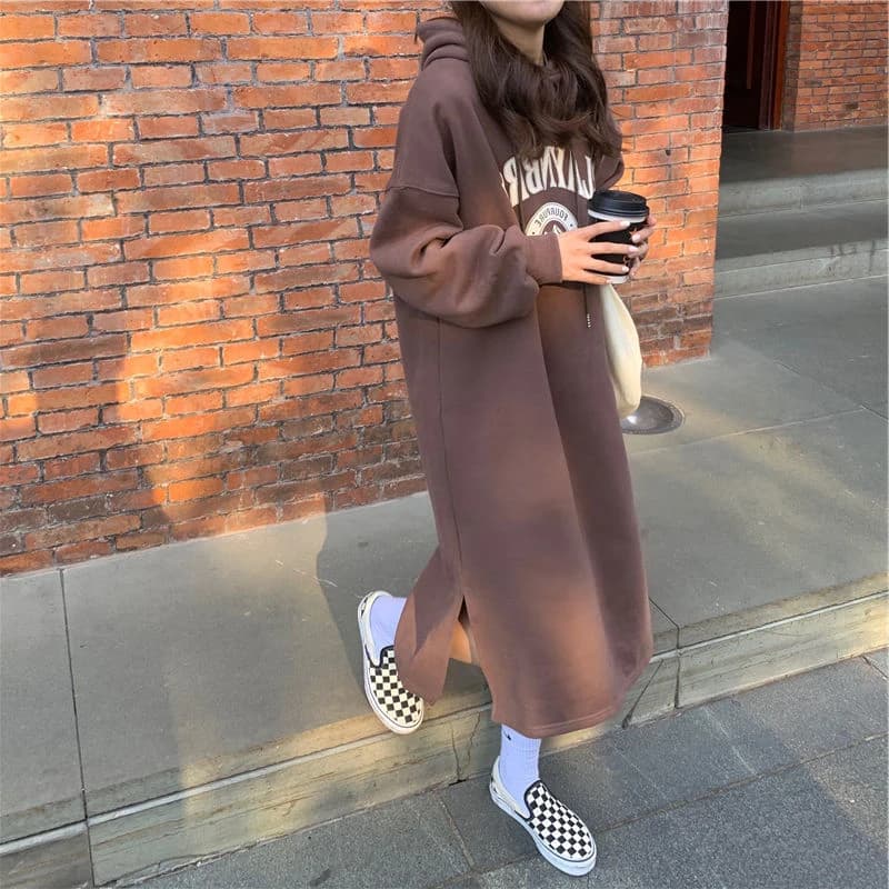 plus Size Fleece Lined Hoodie Dress Thickened Autumn Winter Loose Women's Dress Special Large Size 300 Pounds Long Dress