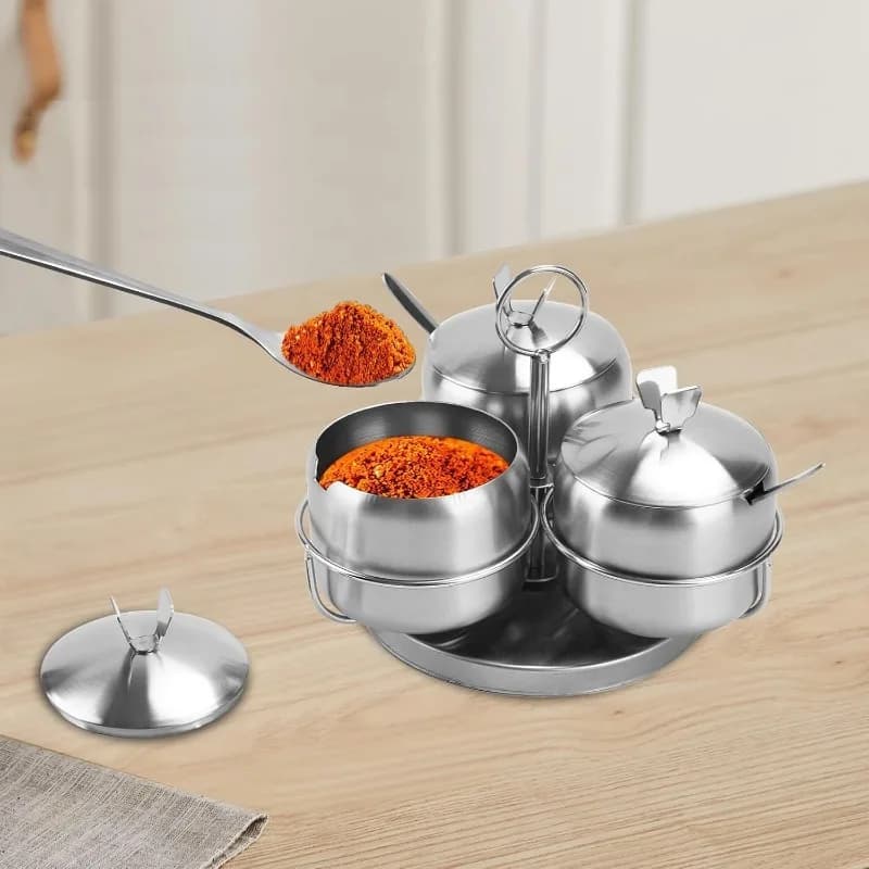 1Set Stainless Steel Seasoning Jar Set with Spoon Spice Container with Swivel Base Salt Sugar Condiment Pot Kitchen Accessories