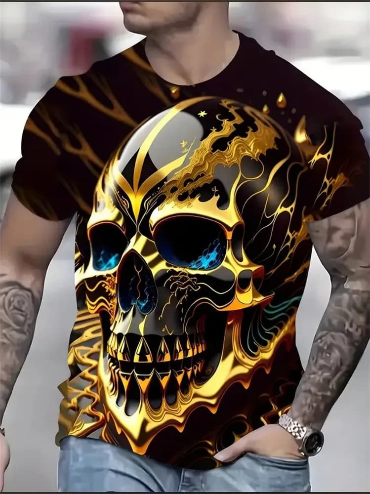 Nuova maglietta da uomo stampata in 3D con motivo a teschio personalizzato e alla moda