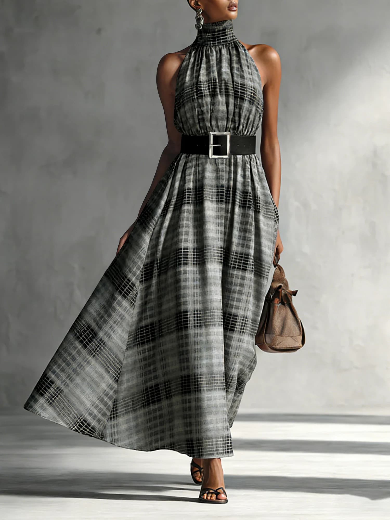 Women's casual long dress with square American neckline, sleeveless, with waist belt, fluid, for parties and beach