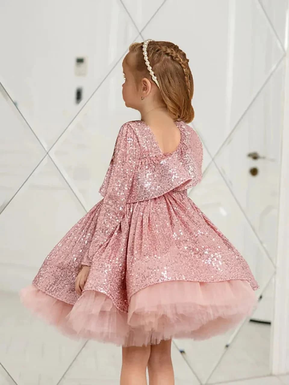 Abito da ragazza di fiore con fiocco a maniche lunghe in tulle con paillettes rosa personalizzato per il primo abito da festa di compleanno eucaristico per bambini