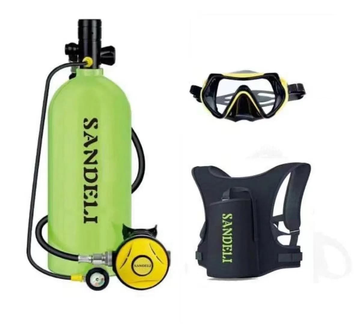 2 litre underwater tank regulator produced by the manufacturer, with integral mask, for diving lasting 40-50 minutes.