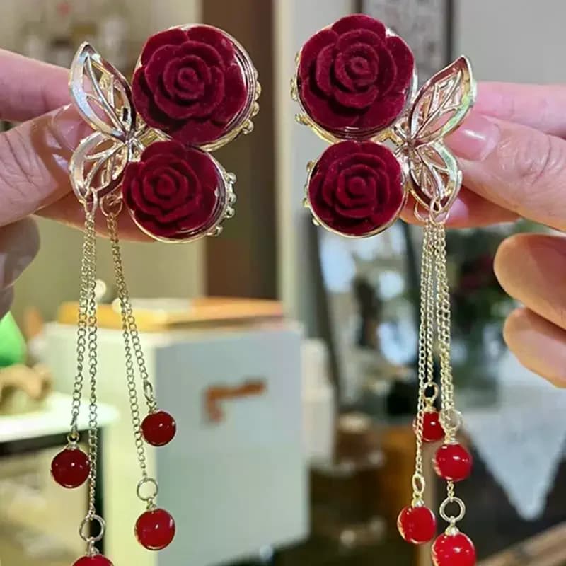 1pc Vintage Elegant Red Flocked Rose Tassel Hair Clip Stylish Ponytail Claw Crab Clip For Girls Women Delicate Hair Accessories