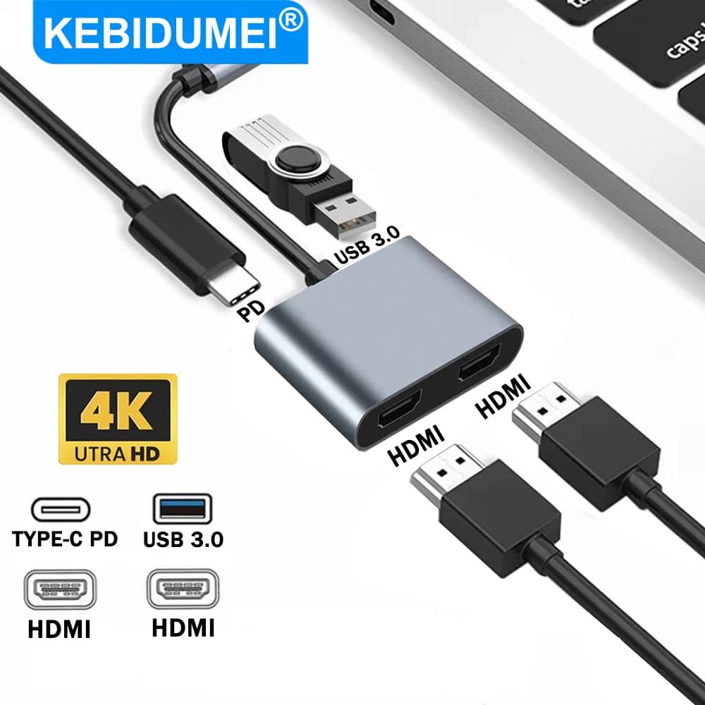 Hub USB 4 in 1 da Type-C a doppio HDMI 4K 30Hz, splitter per espansione doppio schermo, docking station, convertitore display per Macbook e laptop