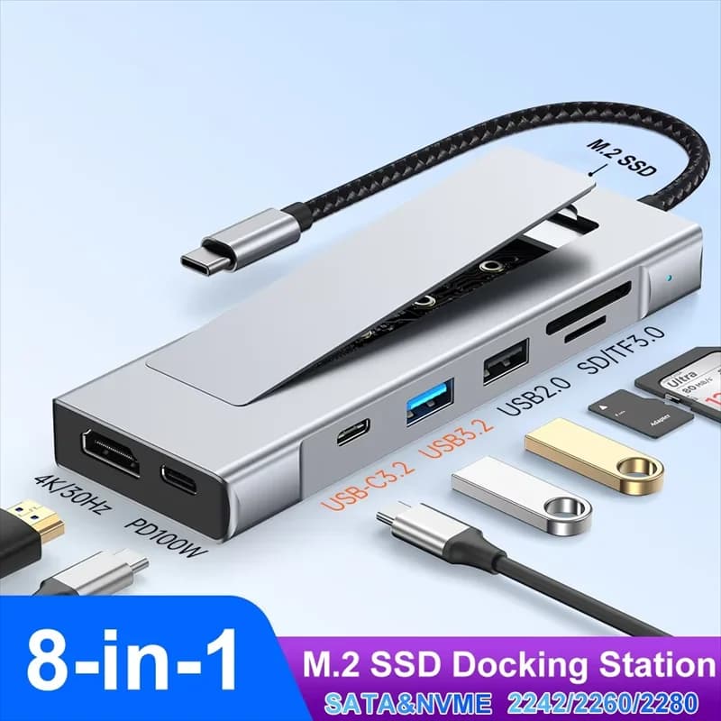Hub USB 8 in 1 con enclosure per SSD M.2 NVMe SATA, adattatore di archiviazione USB 3.2 Type-C, docking station HDMI 4K per laptop Macbook Air M1 M2