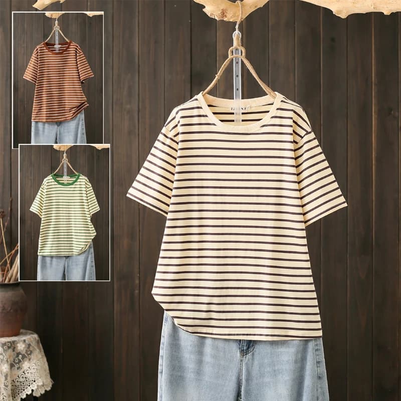 Summer plus Size Striped T-Shirt Short Sleeve Loose Slim Fit round Neck Half Sleeve Top Breathable Korean Style Cotton Blend