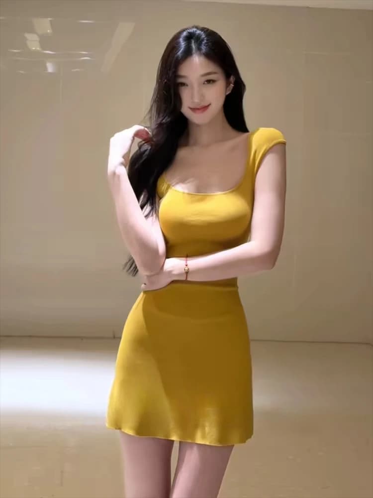 Yellow Pure Desire Style Women's Dress Summer Slimming Hollow out Waist Exposure Short Skirt Breathable Soft Fabric V-Neck