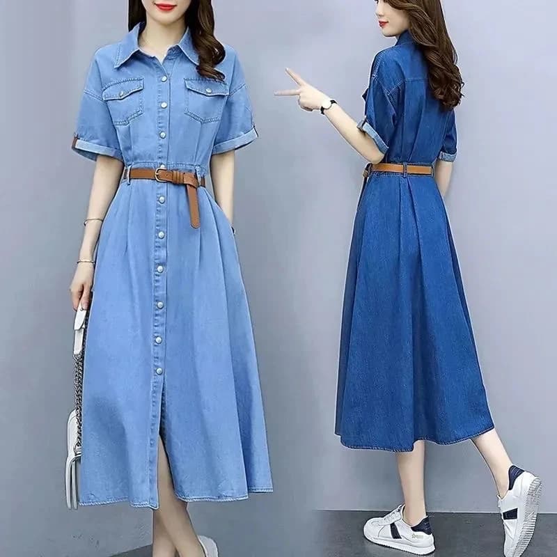 Abito in Denim a Maniche Corte 2026, Nuovo Vestito Estivo da Donna, Elegante e Aderente, Stile Casual a Linea A
