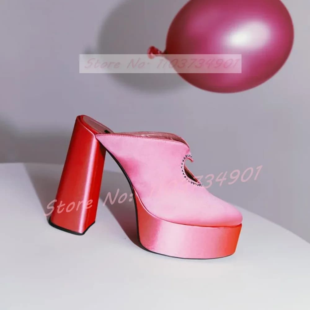 Cristalli a forma di cuore Ciabatte in raso rosa Piattaforma da esterno da donna Punta tonda Pantofole con tacco alto grosso Scarpe da festa di classe di grandi dimensioni femminili