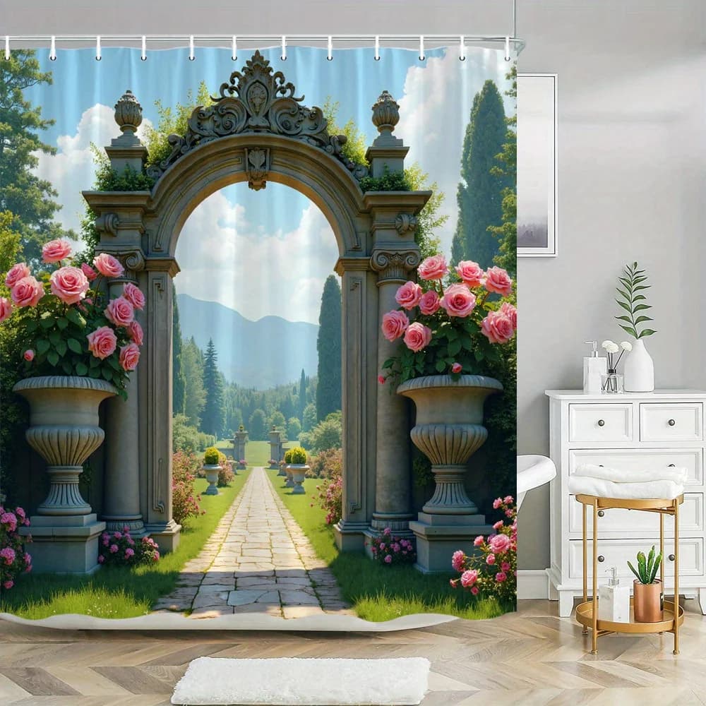 Tenda da doccia: maestoso arco da giardino con rose rosa per un arredamento da bagno elegante e scenico