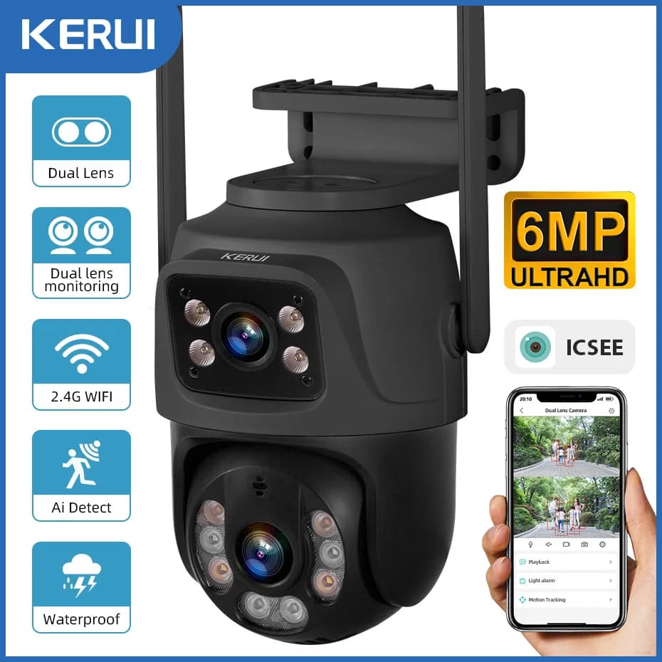 KERUI Outdoor 6MP HD PTZ WiFi IP Camera Home Security Wireless Dual Lens Camera CCTV Video Sorveglianza Rilevamento umano Icsee Onvif