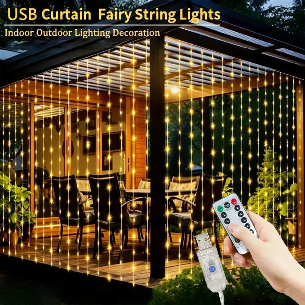 USB LED Curtain Light String 8 Lighting Modes Christmas Decoration for Home 2026 Xmas Party Ornaments New Year 2027 Navidad