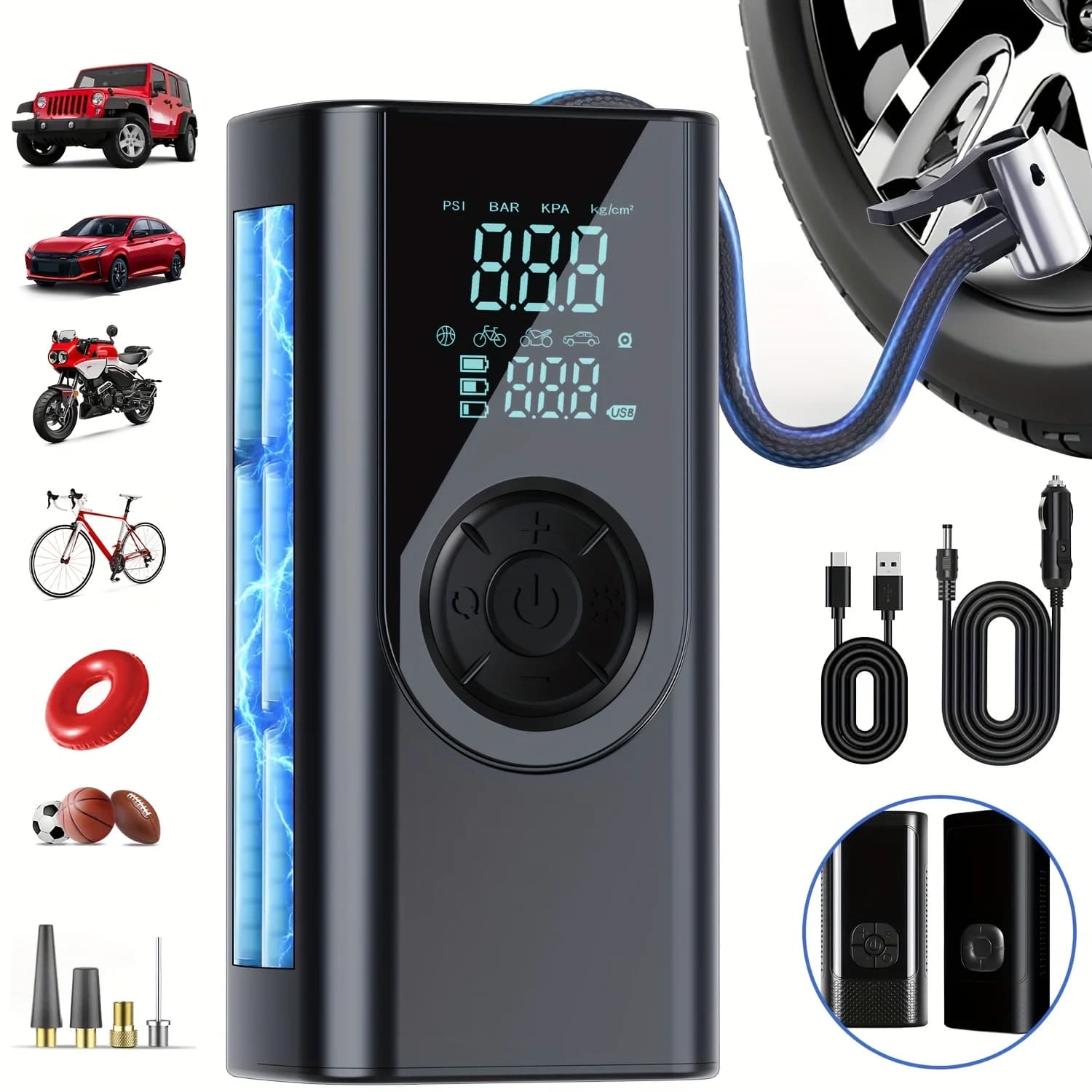 Pompa Gonfiagomme Portatile con Manometro Digitale - Compressore d'Aria Ricaricabile USB per Auto, Moto, SUV, Biciclette