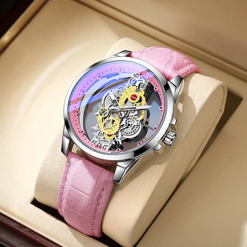 Orologio al quarzo da donna di vendita calda Orologio da polso da donna impermeabile con design scheletro cavo luminoso Cintura in pelle Reloj De Mujer
