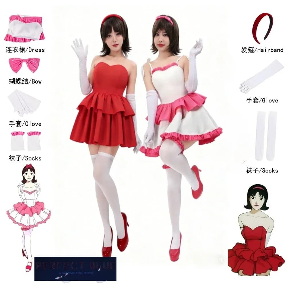 Costume Cosplay Perfetto di Kirigo Mima dal Film Thriller Giapponese Blue Anime 1997, Abito Rosso e Rosa per Donna con Parrucca