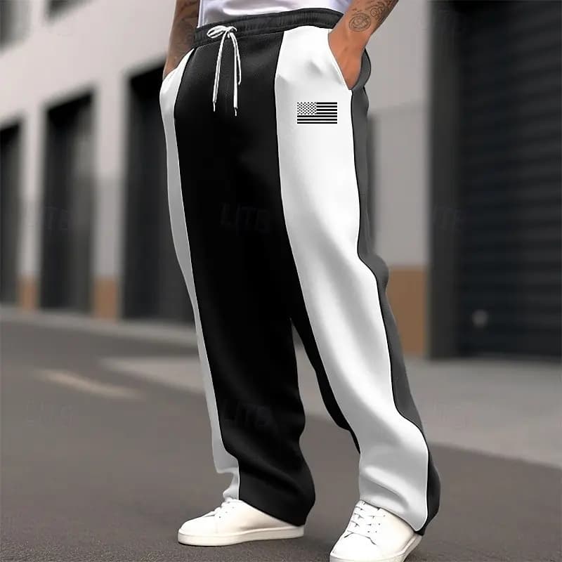 Men's straight-leg pants with a relaxed fit and simple stripe print. Casual wide-leg style. Suitable for teens and adults.