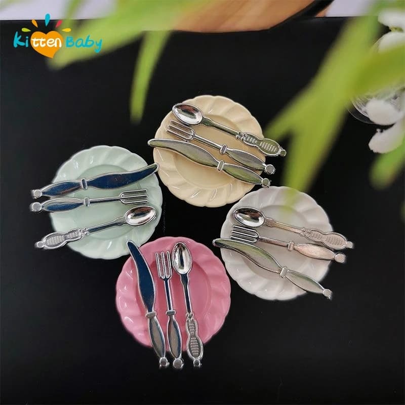 1 Set Kitchen Accessories for Doll House Miniature Knife Fork Crib Flat Kit Table Toy for Kids Simulation Food and Game Scene Model
