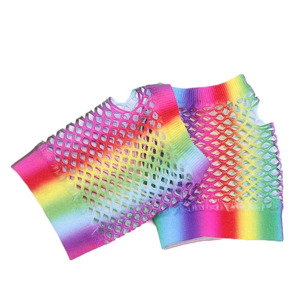 Guanti Sexy Elasticizzati da Donna per Feste, Lunghi, Mezze Dita, Colore Arcobaleno, in Nylon a Rete, Manicotti a Rete