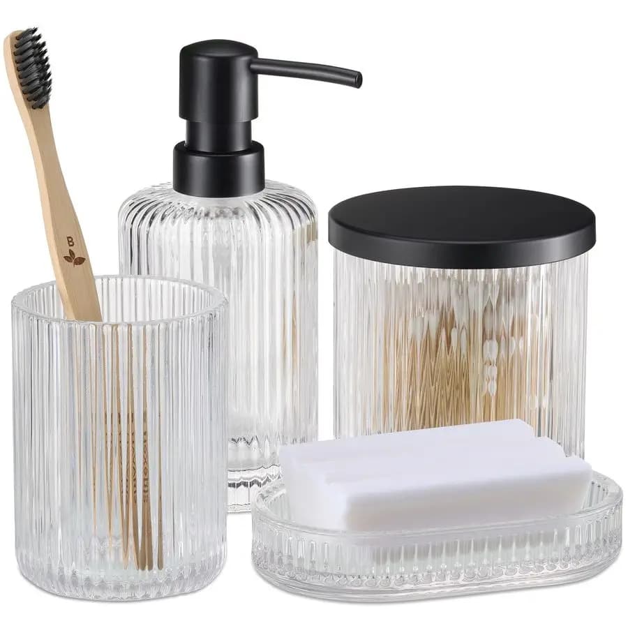 Set di accessori da bagno in vetro, 4 pezzi, include dispenser per sapone, portaspazzolino, portasapone, porta dischetti in vetro trasparente.