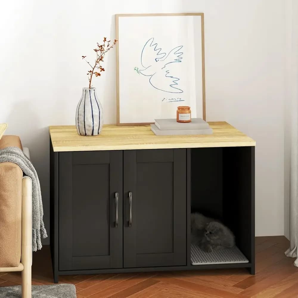 Elegant Wooden Cat Litter Box Cover, Freestanding Cabinet for Indoor Use, Suitable for Living Room, Hallway, Black