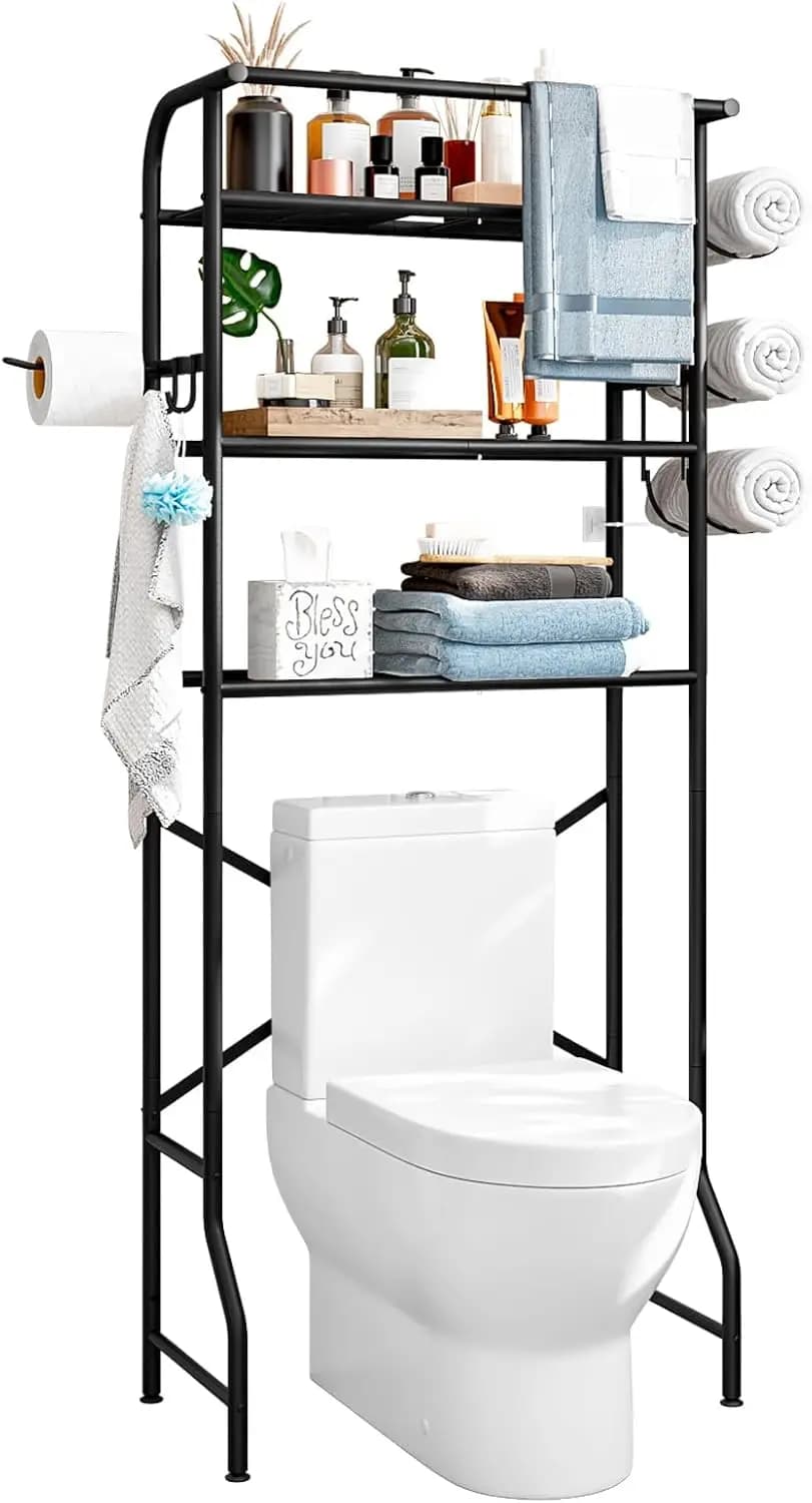 Organizzatore da Bagno in Metallo a 3 Ripiani Sopra il WC con Portarotolo, Facile da Montare e Salvaspazio (Nero)